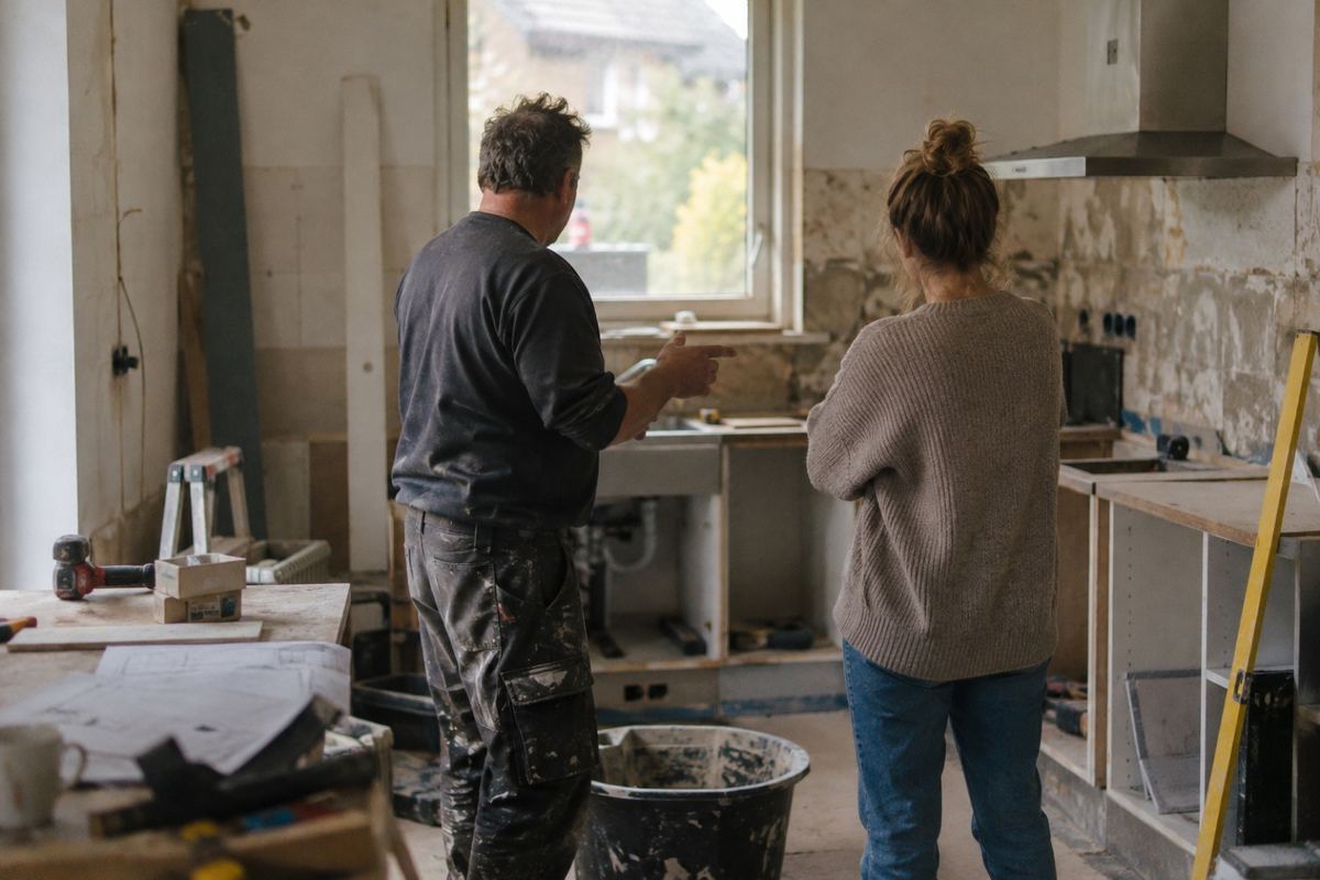 Handwerker bespricht in einer Küche im Umbau mit einer Kundin die anstehenden Arbeiten.