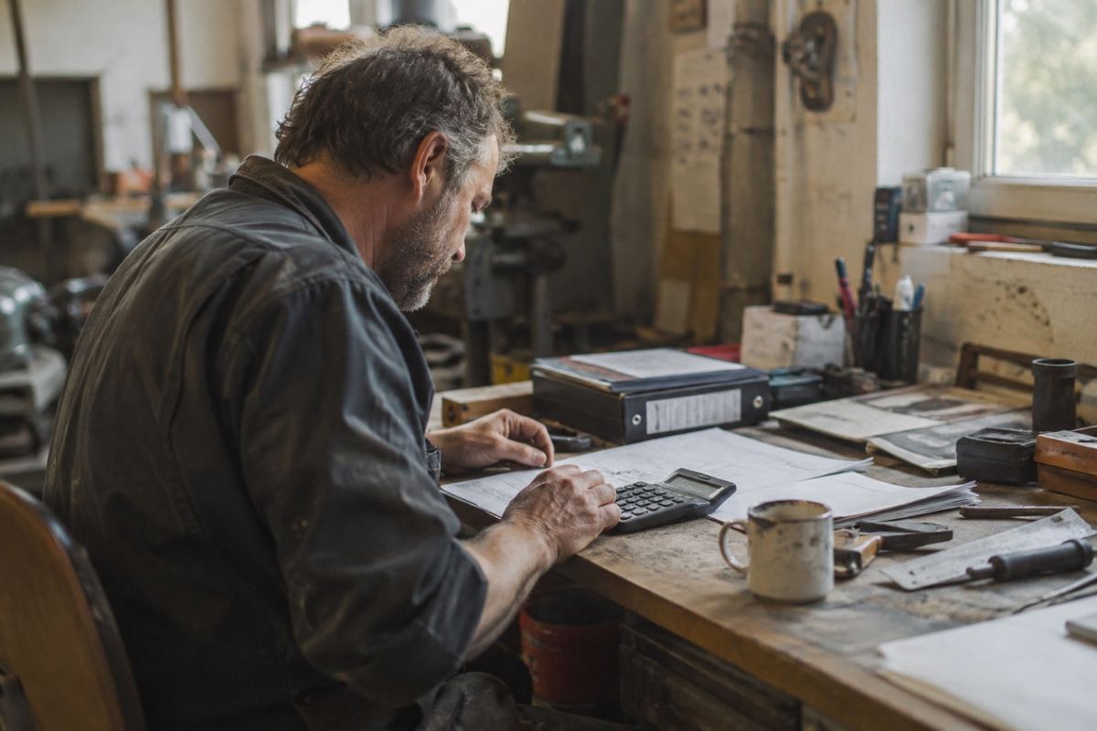 Handwerker sitzt in der Werkstatt am Tisch und rechnet mit dem Taschenrechner über Unterlagen und Plänen.